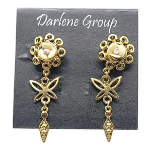 Darlene Group Gold Tone Porcelain Flower Butterfly Dangle Post Earrings NOS